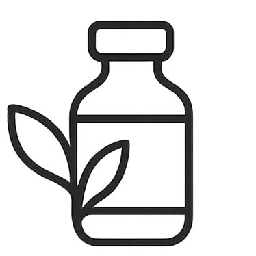 A simple line drawing of a small bottle with a leaf sprouting from its side, symbolising natural or organic products.